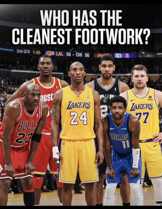 A graphic asking 'WHO HAS THE CLEANEST FOOTWORK?' featuring basketball players Michael Jordan, Hakeem Olajuwon, Kobe Bryant, Tim Duncan, Kyrie Irving, and Luka Doncic in their respective team jerseys.
