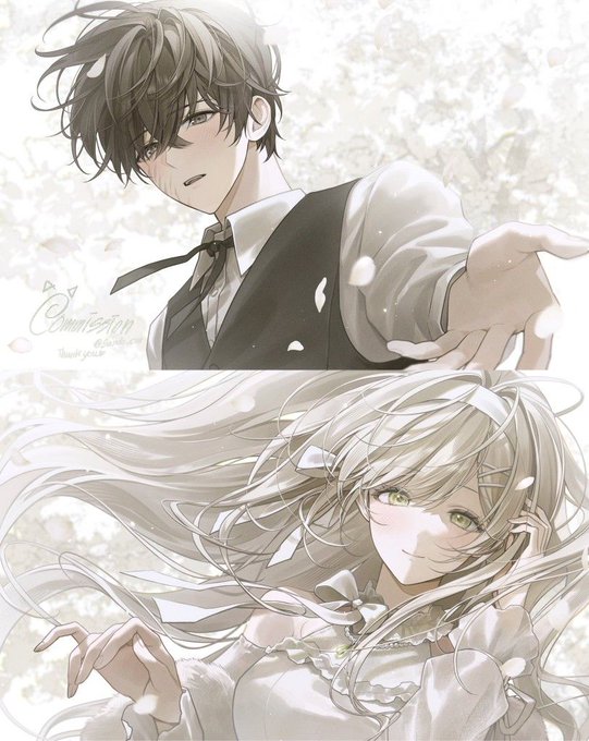 Anime-style illustration featuring a dark-haired male character reaching out in the top panel and a smiling blonde female character with long flowing hair in the bottom panel, with the watermark '@marirain' visible.