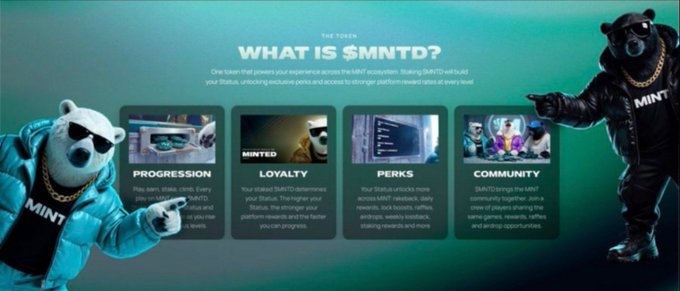 Promotional graphic titled "WHAT IS $MNTD?" detailing progression, loyalty, perks, and community features of the MNTD token, flanked by animated bears wearing gold chains.