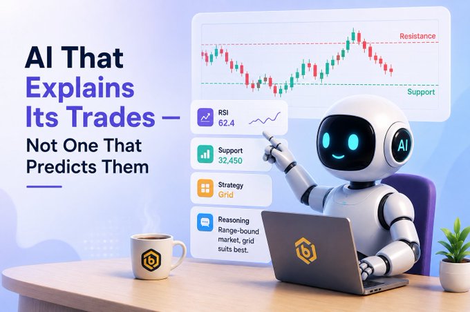 An AI robot at a desk reviews a candlestick chart displaying clear "Support" (32,450) and "Resistance" levels, along with trade metrics including RSI at 62.4 and a selected "Grid" strategy, with reasoning noting a "Range-bound market, grid suits best." The image visually reinforces Bitrue's new AI trading feature, which transparently explains its decisions by showing the indicators and logic behind its strategy choices rather than just executing trades blindly.