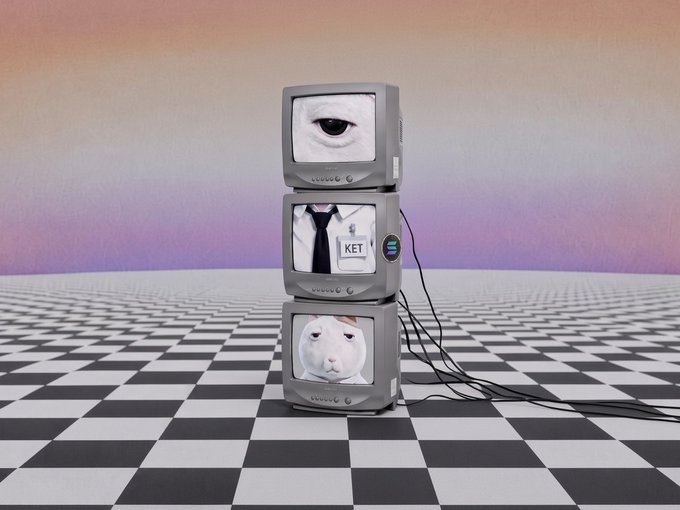 A surreal 3D artwork featuring a stack of three retro televisions on a black-and-white checkered floor, displaying surreal images of a single eye, a person in a suit with a 'KET' tag, and a white cat.