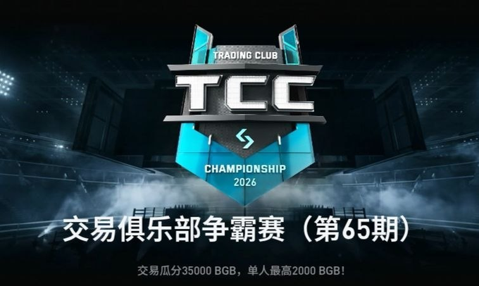 Trading Club Championship 2026 logo with Chinese text '交易俱乐部争霸赛（第65期）' advertising a prize pool of 35,000 BGB with maximum 2,000 BGB per winner.