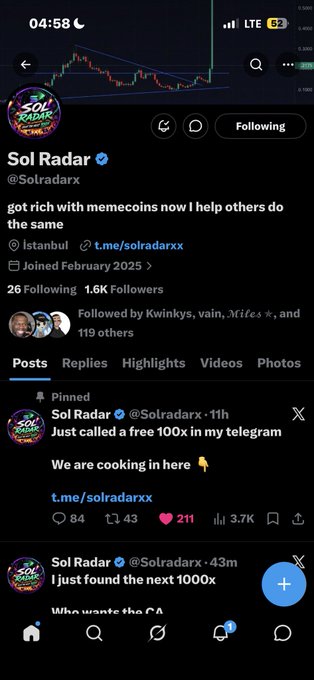 The image shows a social media post with a Twitter account that has been created for a company named "Sol Radar". The post features several mentions of the company's name, along with other details about their business or product offerings. There are also some mentions of a hashtag related to the company and a link to a website. The post is displayed on a smartphone screen, which is likely being used by someone who follows the account or has viewed it in its entirety.
