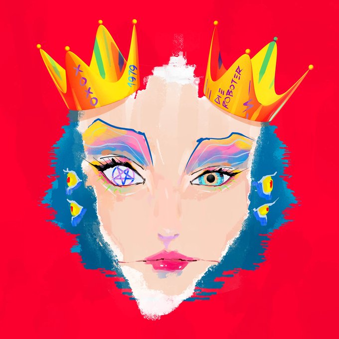 A stylized digital portrait features a pale face with vibrant blue hair against a bold red background, wearing two yellow crowns inscribed with "XOXO 615" and "THE ROBOTER." The artwork relates to the "hyperpower" NFT being promoted on @xrpcafe, with the crowns and cryptic text enhancing its collectible, artistic appeal.