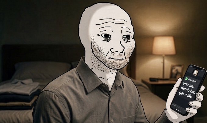 A Wojak character sits in a dim bedroom, holding a smartphone displaying a Gamdom message that reads "you are dumb bro get a life," matching the post about receiving an insulting text from @gamdom.