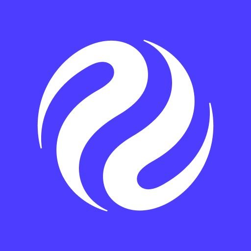 A logo featuring white curved swirl shapes on a solid blue background.