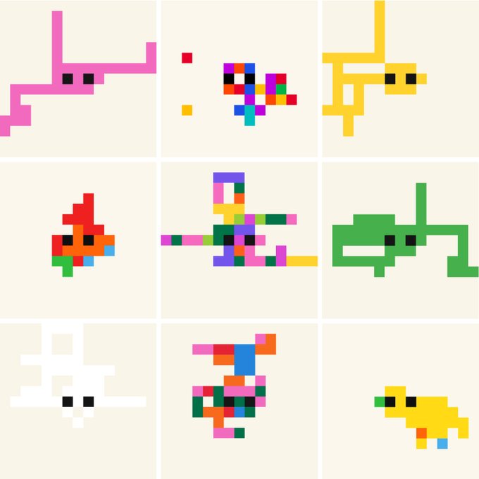 A 3x3 grid of pixel art characters in various colors and poses, including a pink creature, yellow figure, red bird, green frog-like being, and white character.