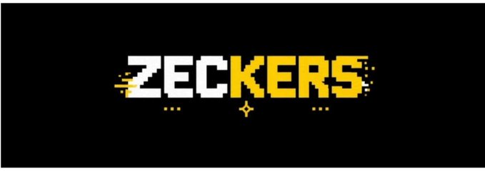 The 'ZECKERS' logo in white pixelated text on a black background, styled with glitch effects.