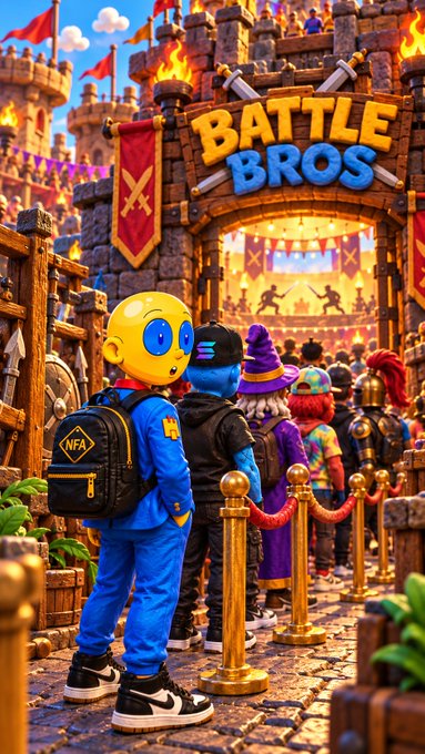 A colorful 3D animated scene titled 'BATTLE BROS' shows various stylized characters in blue, purple, and red outfits queuing toward a stone castle arena.