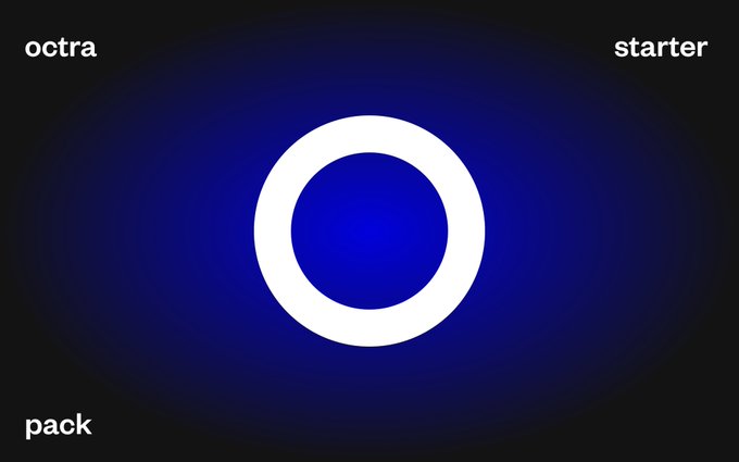 The image features a large blue circle with a white outline against a black background. The text "announcing octra starter pack" is written above the circle, indicating that an octra starter pack has been released for sale. The post also mentions that the octra starter pack will be sent worldwide or converted to stablecoins and pre-sales opening this summer.