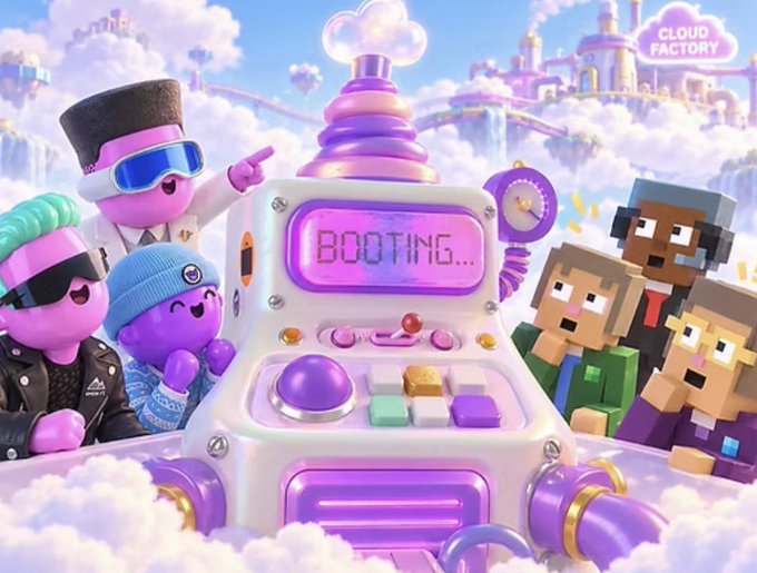 A vibrant 3D illustration shows purple and blocky characters gathered around a 'BOOTING...' machine in a cloud-based 'CLOUD FACTORY' setting.