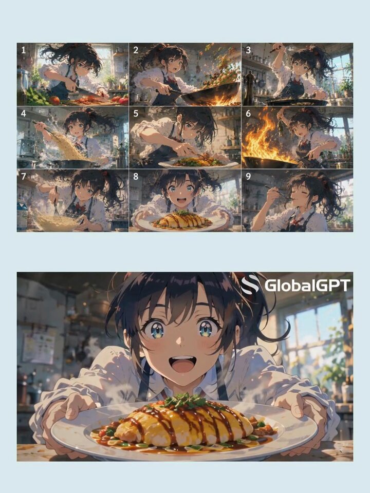 The image features a girl holding a plate of food with sauce on it. The girl appears to be smiling as she looks at the camera, possibly posing for a photo or video. There are multiple instances of her in different positions within the frame, showcasing various angles and perspectives of her meal.
