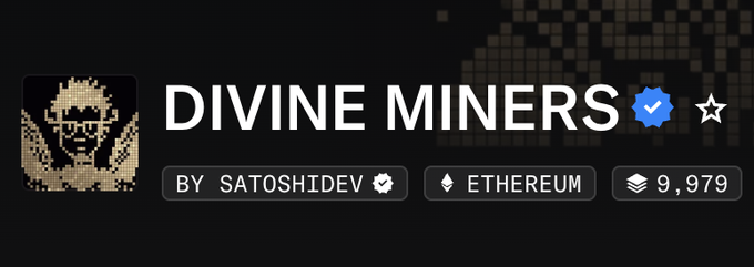 A header banner for an NFT collection called 'DIVINE MINERS' by SATOSHIDEV on the Ethereum blockchain, showing a volume of 9,979.