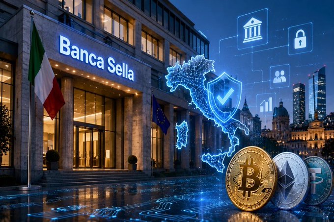 The image features a building with the name "Banca Sella" written on its facade, which is an Italian bank. In front of the bank, there are three Bitcoins displayed, representing the bank's involvement in cryptocurrency services. The Bitcoin logos are placed at different positions around the bank, indicating that Banca Sella has adopted and integrated digital assets into their operations. This image highlights the growing trend of banks embracing digital currencies like Bitcoin to stay relevant in an increasingly technological world.
