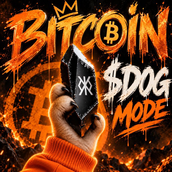 A digital graphic shows a paw wearing an orange sleeve holding a black hexagonal coin, with the text "BITCOIN $DOG MODE" in stylized fiery orange and white graffiti lettering against a dark, lava-textured background.