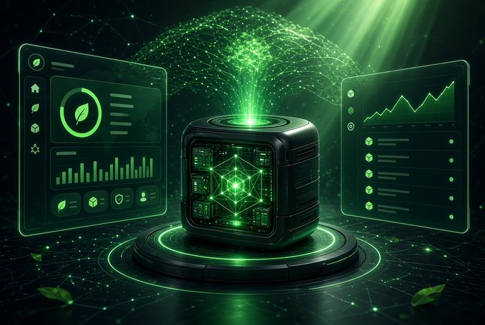 A futuristic digital artwork featuring a glowing green cube device on a pedestal, surrounded by holographic screens displaying analytics charts, leaves, and a network of light points.