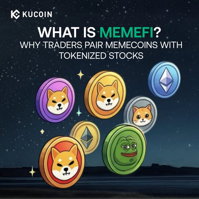 A KuCoin promotional graphic titled "WHAT IS MEMEFI? WHY TRADERS PAIR MEMECOINS WITH TOKENIZED STOCKS" features colorful floating cryptocurrency coins—including Shiba Inu (SHIB), Pepe, and Ethereum (ETH)—against a starry night sky, visually illustrating the concept of pairing popular memecoins with tokenized equities like NVDA or GME as settlement assets for 24/7 trading.