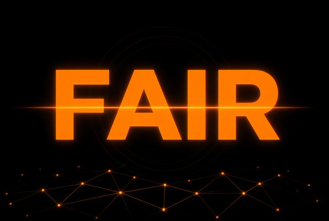 The word 'FAIR' displayed in large, glowing orange letters against a black background with a geometric network pattern of connected nodes at the bottom.