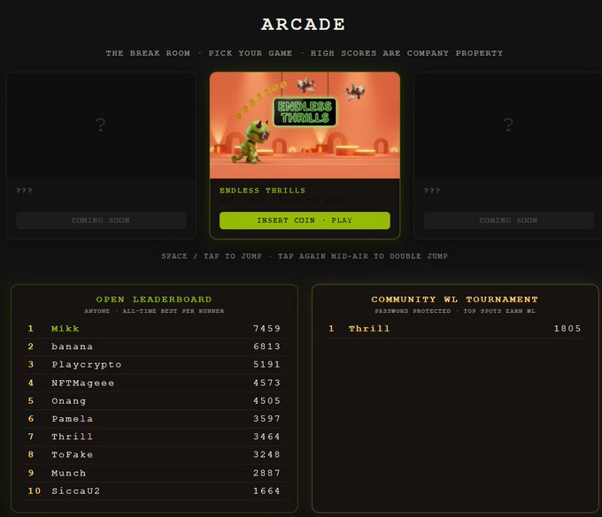 An "ARCADE" interface for "Endless Thrills" featuring a green dragon sprite with instructions to "INSERT COIN" and "PLAY," alongside a leaderboard topped by "Mikk" with 7459 points and a "COMMUNITY WL TOURNAMENT" section where "Thrill" leads with 1805 spots. The image directly supports the post's call for web3 founders to compete for whitelist spots in the password-protected tournament, promoting practice at Thrills.dev/Arcade.