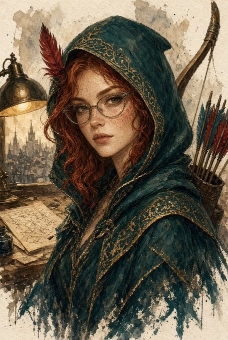 A detailed illustration of a red-haired woman wearing round glasses and a hooded green cloak, with a bow and arrows on her back, set against a sketched background of a city.