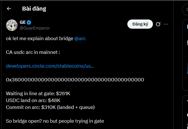 Twitter/X post by @GuarEmperor explaining USDC bridge details on the Arc network, including contract address and costs: $261K waiting in line gate, $48K USDC landing on Arc, $310K commit on arc.