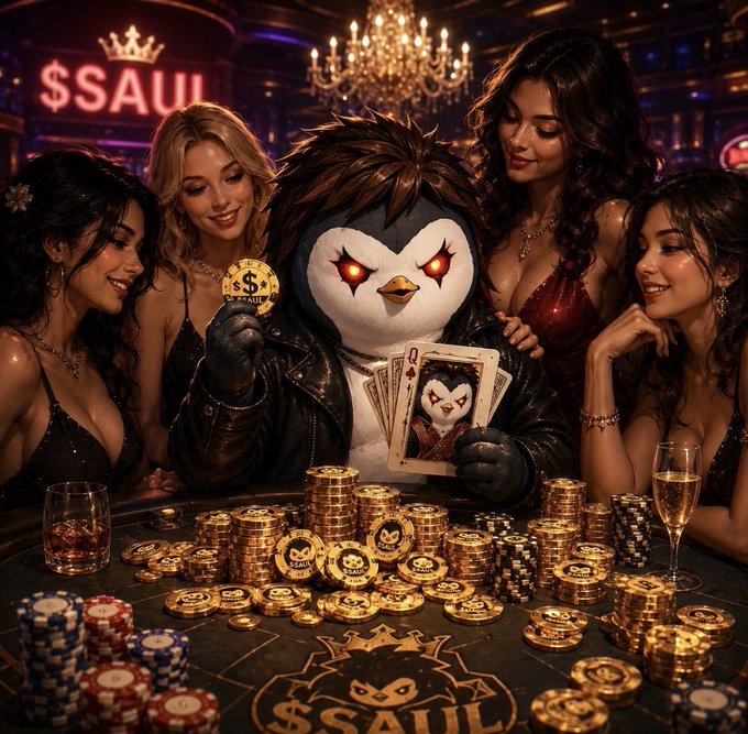 An AI-generated casino scene featuring a stylized penguin mascot in a leather jacket holding playing cards and a coin, surrounded by four women, stacks of gold chips with '$SAUL' branding, and a chandelier overhead.