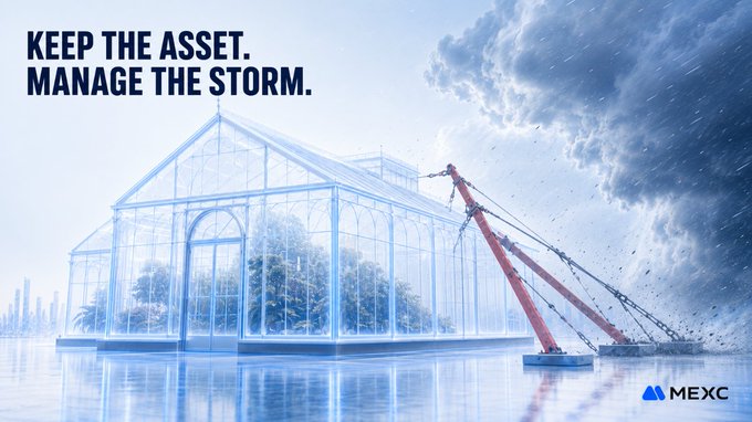 A MEXC cryptocurrency advertisement showing a glass greenhouse being battered by a storm, with red anchors stabilizing it, and the text 'KEEP THE ASSET. MANAGE THE STORM.' and the 'MEXC' logo.