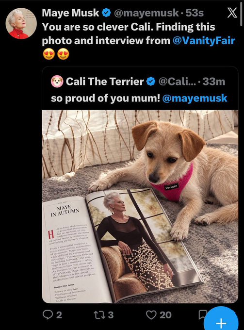 A screenshot of X posts showing Maye Musk (@mayemusk) replying to Cali The Terrier (@Cali...) about a Vanity Fair feature, with the dog lying on a carpet next to an open magazine displaying an article titled 'MAYE IN AUTUMN'.