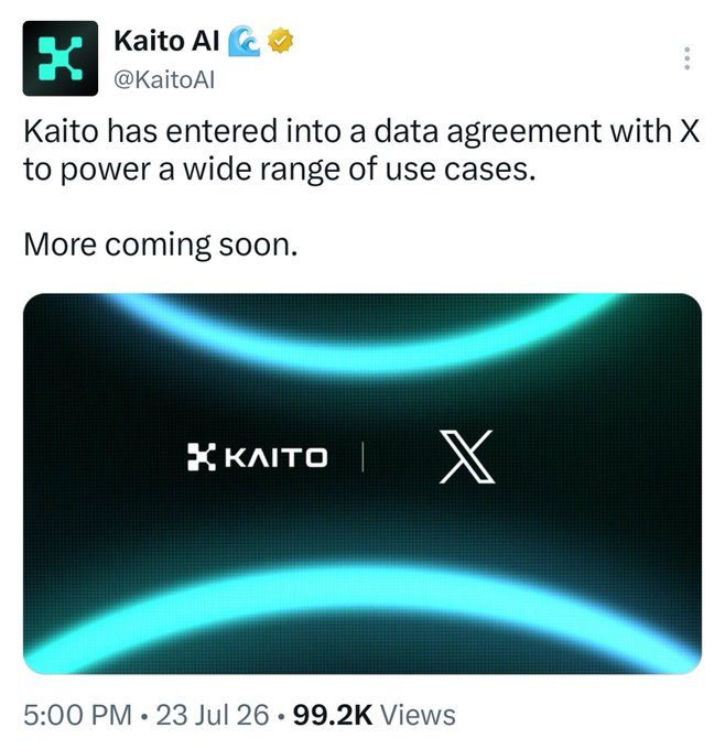 Tweet from @KaitoAI announcing a data agreement with X to power various use cases, with the Kaito and X logos displayed together.