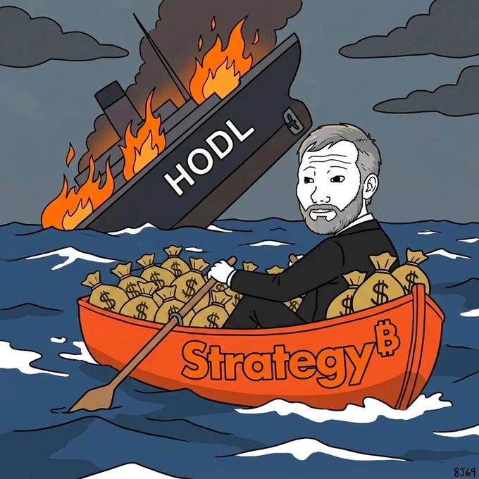 A man resembling Michael Saylor rows an orange lifeboat labeled "Strategy₿" filled with gold money bags, escaping the burning HODL ship behind him—visually echoing the post's message that the Bitcoin bags are secure in Strategy's reserves while the original HODL thesis sinks.