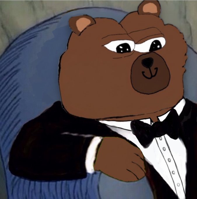 An animated brown bear wearing a black tuxedo with a white shirt and black bowtie sits in a blue armchair.