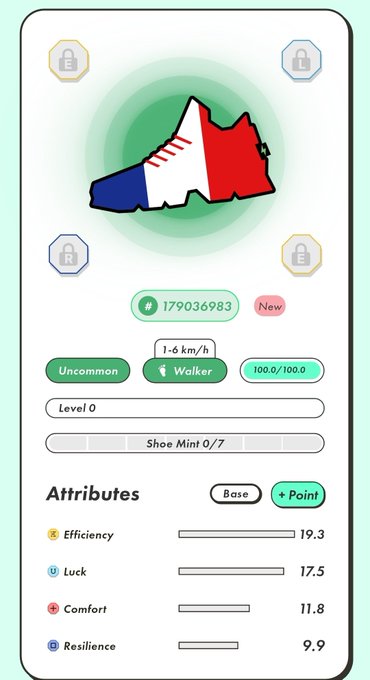 The image shows a white phone screen displaying an app icon with a red, white, and blue shoe design. The app has a green background and features a list of attributes such as "attributes", "efficiency", "luck", "comfort", and "resistance". The app also provides information about the user's current level or status in the game.