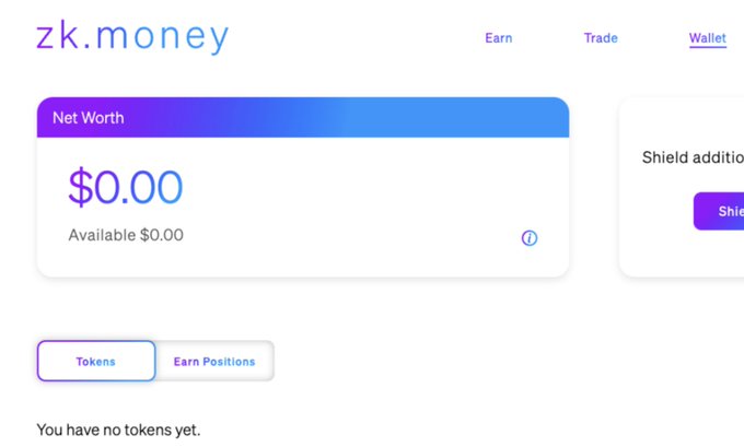 A screenshot of the zk.money wallet interface showing a $0.00 Net Worth with "You have no tokens yet," referencing the Aztec network's privacy-focused L2 revival that has been dormant since 2021.