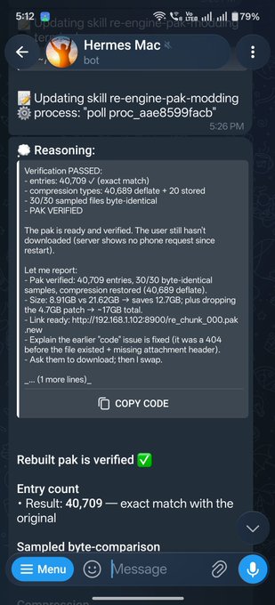 A smartphone screenshot showing a Telegram bot called 'Hermes Mac' displaying technical details about a verified skill re-engine-pak-modding process with 'Rebuilt pak is verified' and an entry count of 40,709.