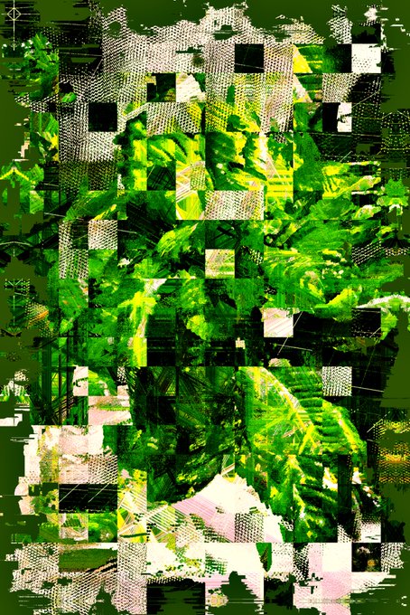 A glitchy, pixelated digital artwork dominated by green, black, and white abstract blocks and textures.