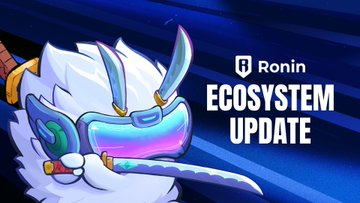 The image features a white, fluffy character wearing futuristic VR goggles alongside bold text reading "Ronin ECOSYSTEM UPDATE" with the Ronin logo, visually promoting the post about Ronin Network's continued commitment to building and expanding its ecosystem with new features like the Honor Score reputation system.