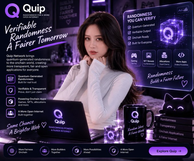 An advertisement for 'Quip' featuring a woman at a laptop, promoting 'Verifiable Randomness' and 'A Fairer Tomorrow' with text about quantum-generated randomness, on-chain applications, and a fairer internet.