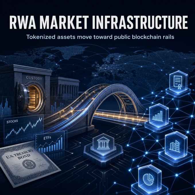 The image shows a graphic that depicts various symbols related to cryptocurrency transactions and market infrastructure. The main symbol represents a digital currency tokenization process, with different aspects like tokens (represented by small circles), coins (linked together for collective value), and financial assets such as stocks, ETFs, and U.S. Treasuries. These elements are connected by a large blue arch bridge across the screen, which signifies the transition from the crypto narrative to market infrastructure. The caption below provides context on this development, stating that RWA is now focusing on both tokenization and leveraging it towards public blockchain rails.