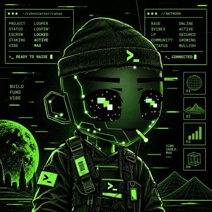 Green cyberpunk-style illustration of a hooded figure with pixelated starry eyes wearing tactical gear, surrounded by terminal text displaying '~/vibestarter/raise', 'LOOPER' project status 'LOCKED' with 'VIBE: MAX', and '// NETWORK' showing 'BULLISH' status.