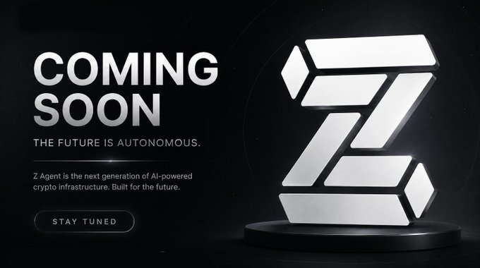 The image is a sleek promotional graphic for "Z Agent," featuring a large stylized "Z" logo on a pedestal with the text "COMING SOON — THE FUTURE IS AUTONOMOUS," describing it as "the next generation of AI-powered crypto infrastructure." It serves as a teaser leading into the post's $100 USDT giveaway, designed to drive community engagement around the $ZAI token launch.