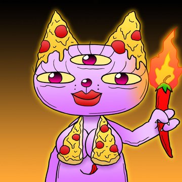 A cartoonish purple cat character covered in pizza slices wears a bikini top and holds a flaming red chili pepper.