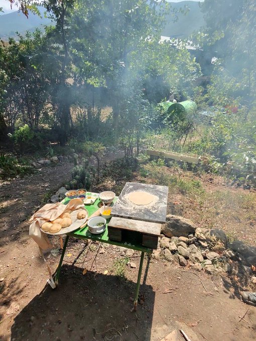 An outdoor scene showing a small folding table set up in a garden area with bread, bowls, and food items, next to a stone fire pit area surrounded by trees and vegetation.