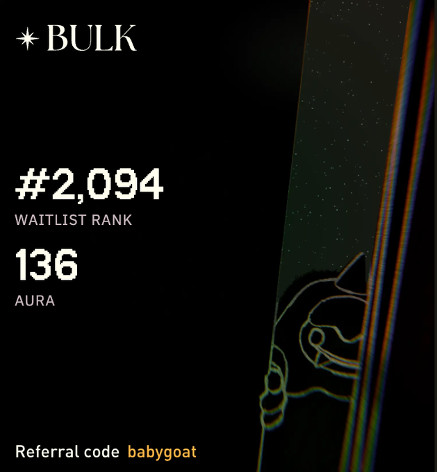 The image shows a bulletin board with black background and white text, stating that someone has won 13ura Aura points over the first week of bulktrade distribution for referring other bulktrade users. The text also mentions a "Referrals code" on top left corner.