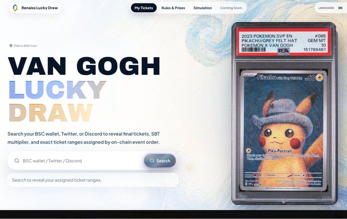 A 'Van Gogh Lucky Draw' webpage displays a graded 2023 Pokémon SVP EN Pikachu/Grey Felt Hat card (PSA 10) featuring Pikachu in a Van Gogh-style painting.