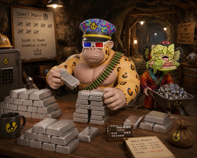 A cartoonish ape character wearing a colorful hat and bandolier stacks silver bars in a mine setting, with a whiteboard reading 'TODAY'S PROFIT - SILVER IS POWER, DOODRILLA IS KING' visible behind him.
