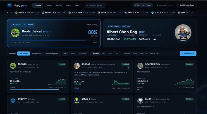 A screenshot of the 'trippy pump' website displaying various trending memecoins, highlighting 'Boots the cat' at the top of the chart and 'Albert Chon Dog' as the top mover.