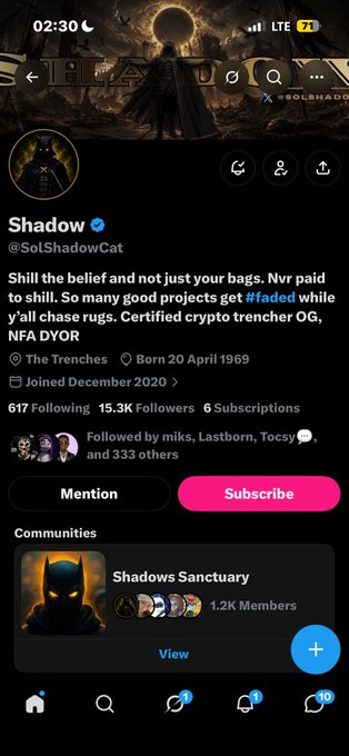 A Twitter profile page for 'Shadow' (@SoLShadowCat) shows a dark aesthetic, with a bio reading 'Shill the belly and not just your bags...' and a banner featuring a cloaked figure in 'Shadow of Mordor' style art.