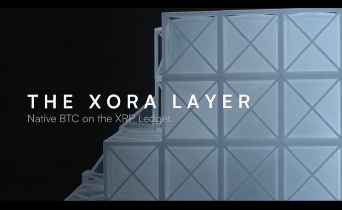 A sleek promotional graphic for "THE XORA LAYER" featuring a futuristic white geometric lattice structure against a dark background, with the tagline "Native BTC on the XRP Ledger." The image visually represents the concept of bridging Bitcoin with the XRP Ledger, aligning with the post's discussion of XORA's BTC yield product and native BTC settlement capabilities across both ecosystems.
