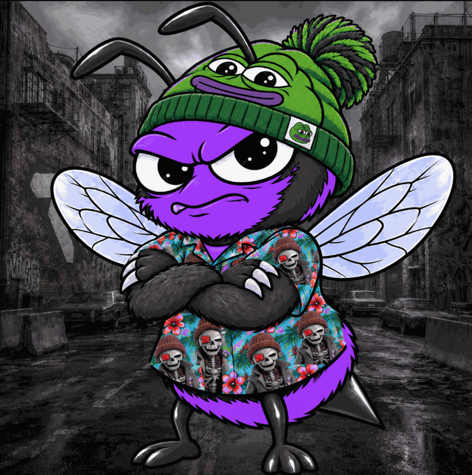 A cartoon illustration shows a purple bug-like character with wings wearing a green beanie and a patterned shirt with skulls, set against a dark city background.