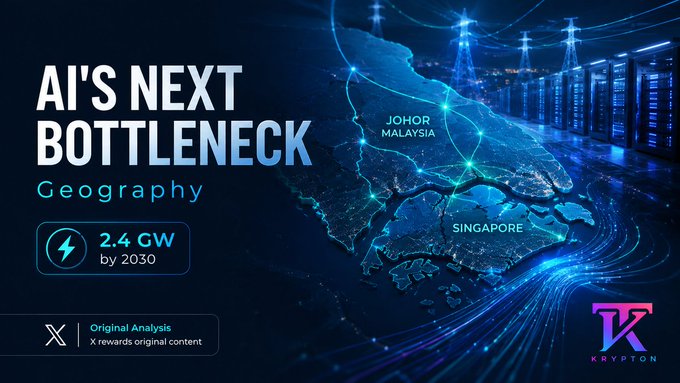 Promotional graphic titled "AI's Next Bottleneck: Geography" highlighting YTL Power's plan to expand its Johor data-center capacity to 2.4 GW by 2030, featuring a map of Singapore and Johor Malaysia alongside a server farm image and Krypton branding.